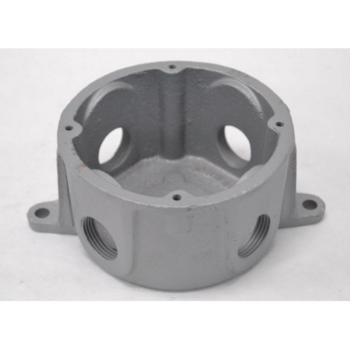Round Base Conduit Outlet Box; 4.5 Inch Dia x 2.38 Inch Depth, Malleable Iron, Zinc Electro Plated, Dichromate, Epoxy Powder Coated