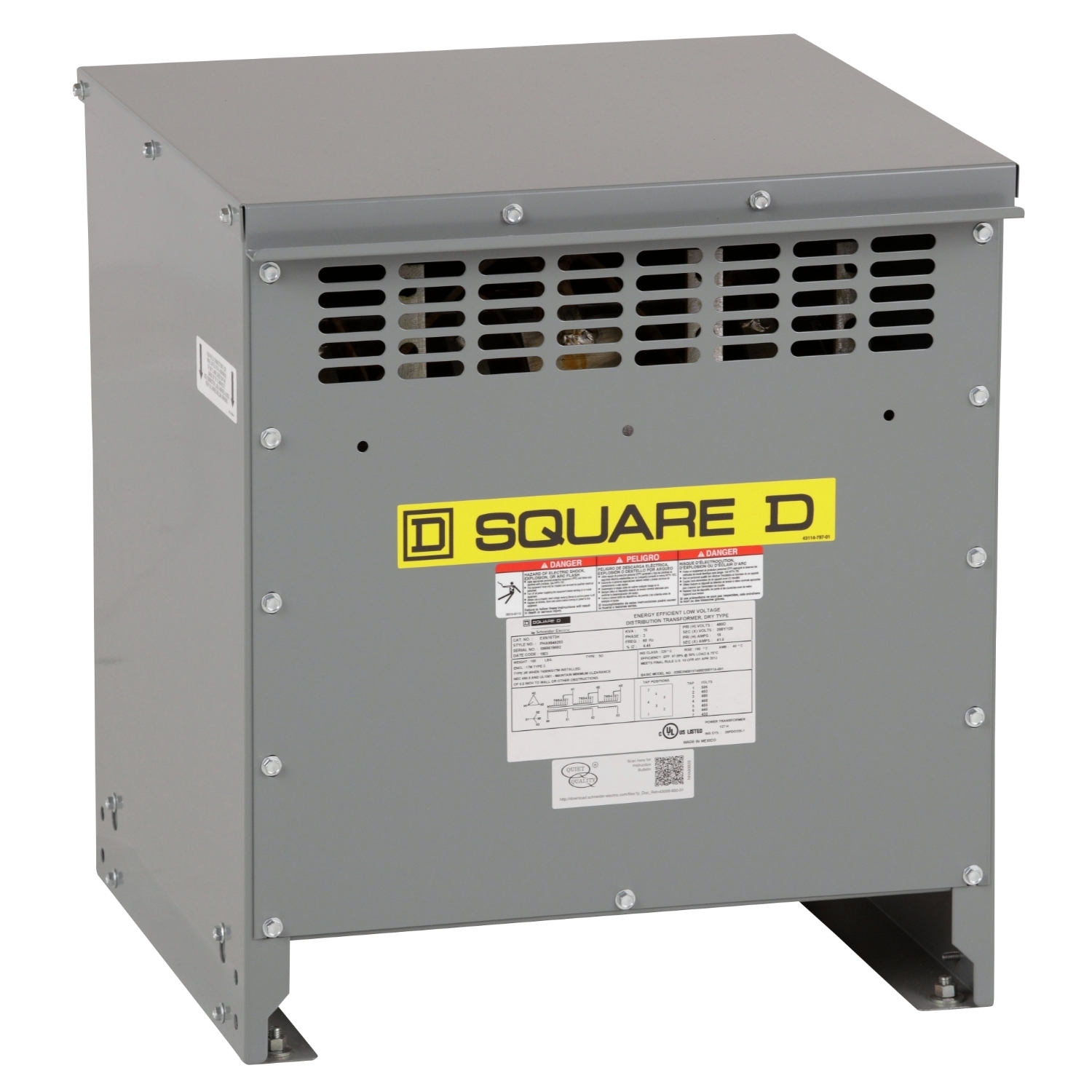 Transformer, dry type, DOE 2016, 15kVA, 3 phase, 480V delta primary, 208Y/120V secondary, 17M, 150C rise