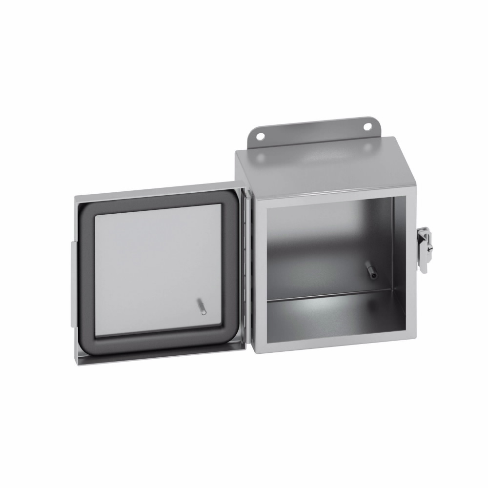 Eaton B-Line series JIC panel enclosure, 12" height, 6" length, 12" width, NEMA 4X, Hinged cover, 4XSS6CHC enclosure, Wall mount, Small single door, External mounting feet, 316 stainless steel, Seamless poured in-place gasket