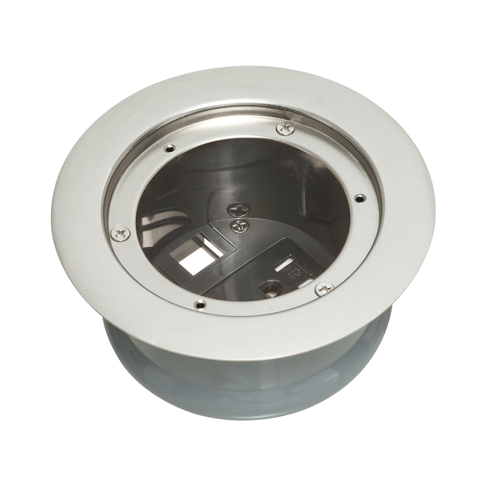 InBox cover kit. Recessed receptacle and low voltage keystone for new concrete. Installs in Arlington's FLBC4500 and FLBC4502 box. Metallic nickel-plated brass cover.