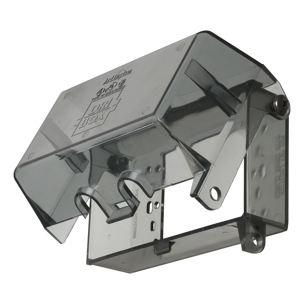 Dri-box adapter with non metallic cover and base. Accepts any wiring device and standard sized wall plate for a versatile NEMA 3R rated installation. Adapter is for a vertically mounted single gang box and has a clear cover. The depth is 2.9".