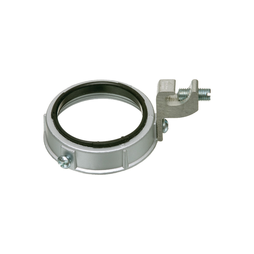 1-1/2" insulated metal grounding bushing. Threaded. C-clamp grounding lug is dual rated for copper and aluminum. Made of zinc die-cast, it is rated for 150 Degree C. Minimum size ground is 14 gauge and max wire size is 2 gauge.