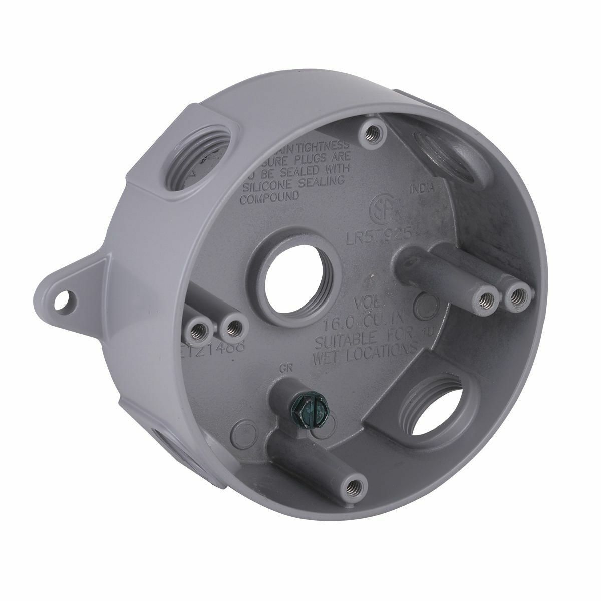 1-1/2 In. Deep - Gray Five Threaded 1/2IN Outlets - 4 In. Round SpliceBox