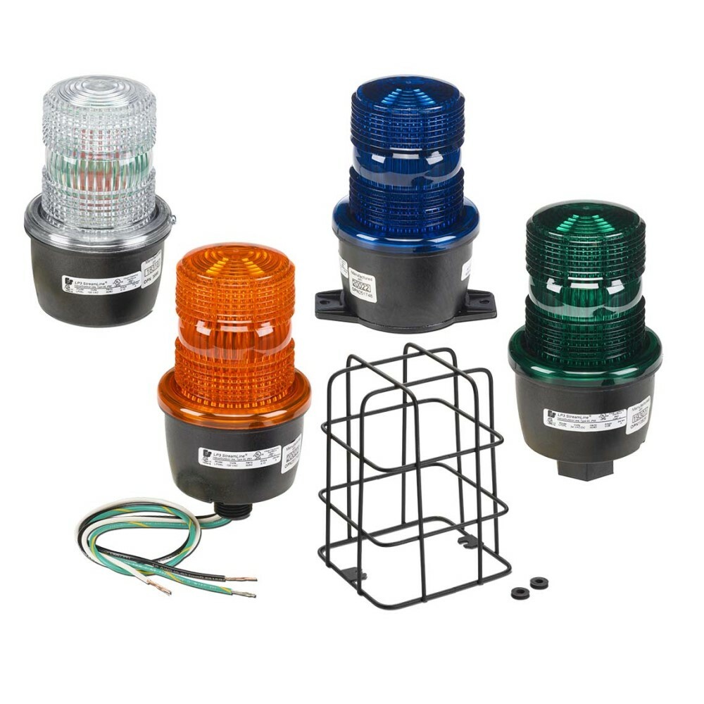 StreamLine Low Profile Steady Burning LED Light, 24V, Surface Mount, Blue - Available in 24VDC and 120VAC. T-mount (TL), integrated 1/2-inch NPT pipe mount (PL), 1/2-inch NPT male pipe mount (ML) or surface mount (SL). Five lamp/lens colors: Amber, Blue, Clear, Green and Red. 50,000 Hour LED. Screw on lens. Indoor/outdoor use. Type 4X, IP66 enclosure. IP69K compliant. Optional wire lens guard. PLC Compatible. CSA Certified. UL and cUL Listed.