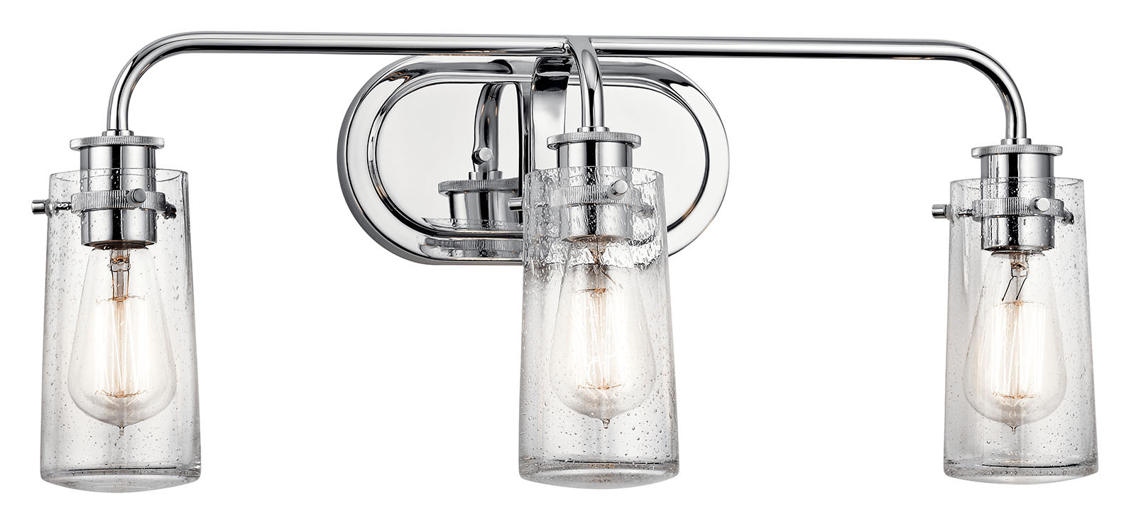 The Braelyn(TM) 24in; 3 light vanity light features an Chrome finish and clear seeded glass shades. The Braelyn offers a vintage industrial design that works well with rustic, country and lodge dacor.