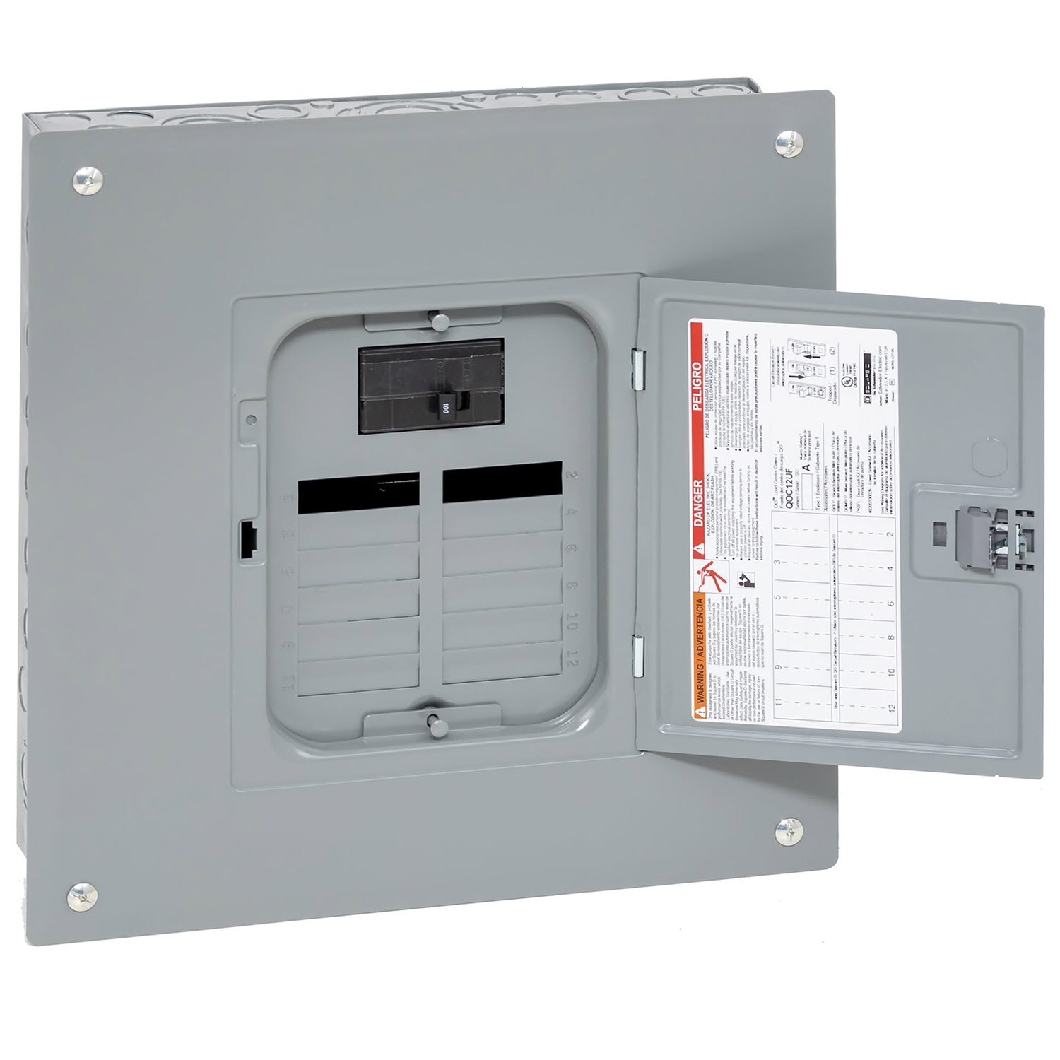 Load center, QO, 1 phase, 12 spaces, 24 circuits, 100A convertible main breaker, PoN, NEMA1, combo cover