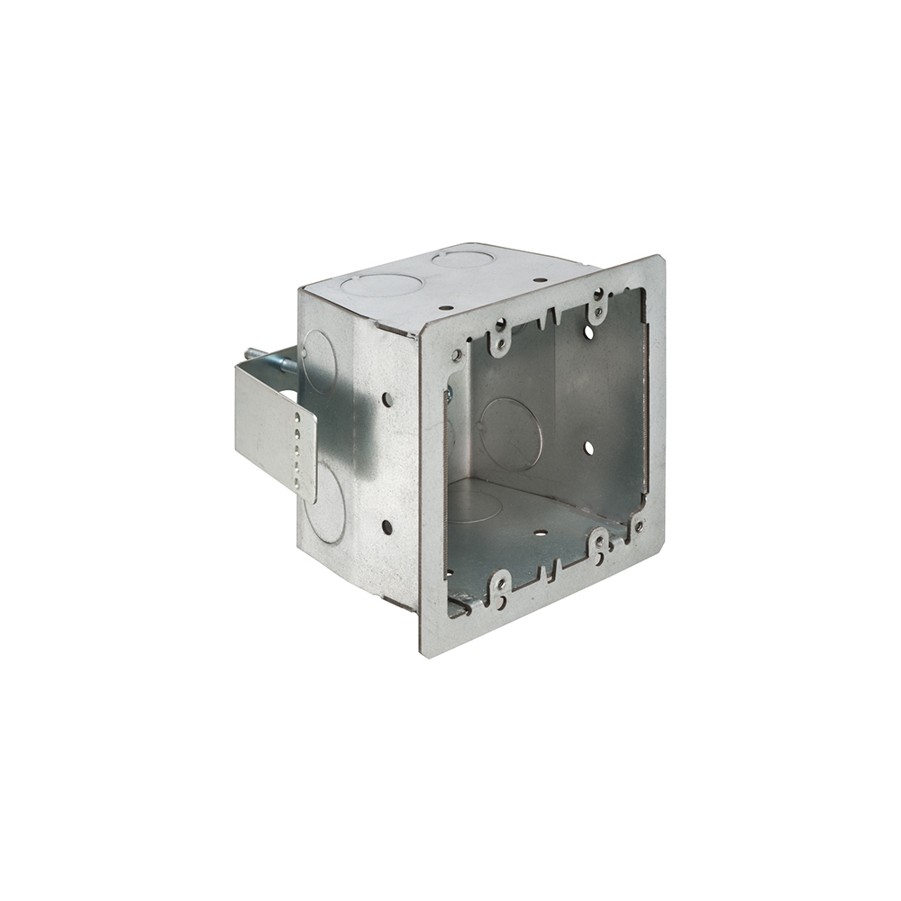 Steel 4x4 box for concrete block walls. 1/2" and 3/4" knockouts. Spring steel clip holds box securely against walls when screws are tightened. Screw hole pattern for 4x4 and two gang devices. 42.3 cu. in.