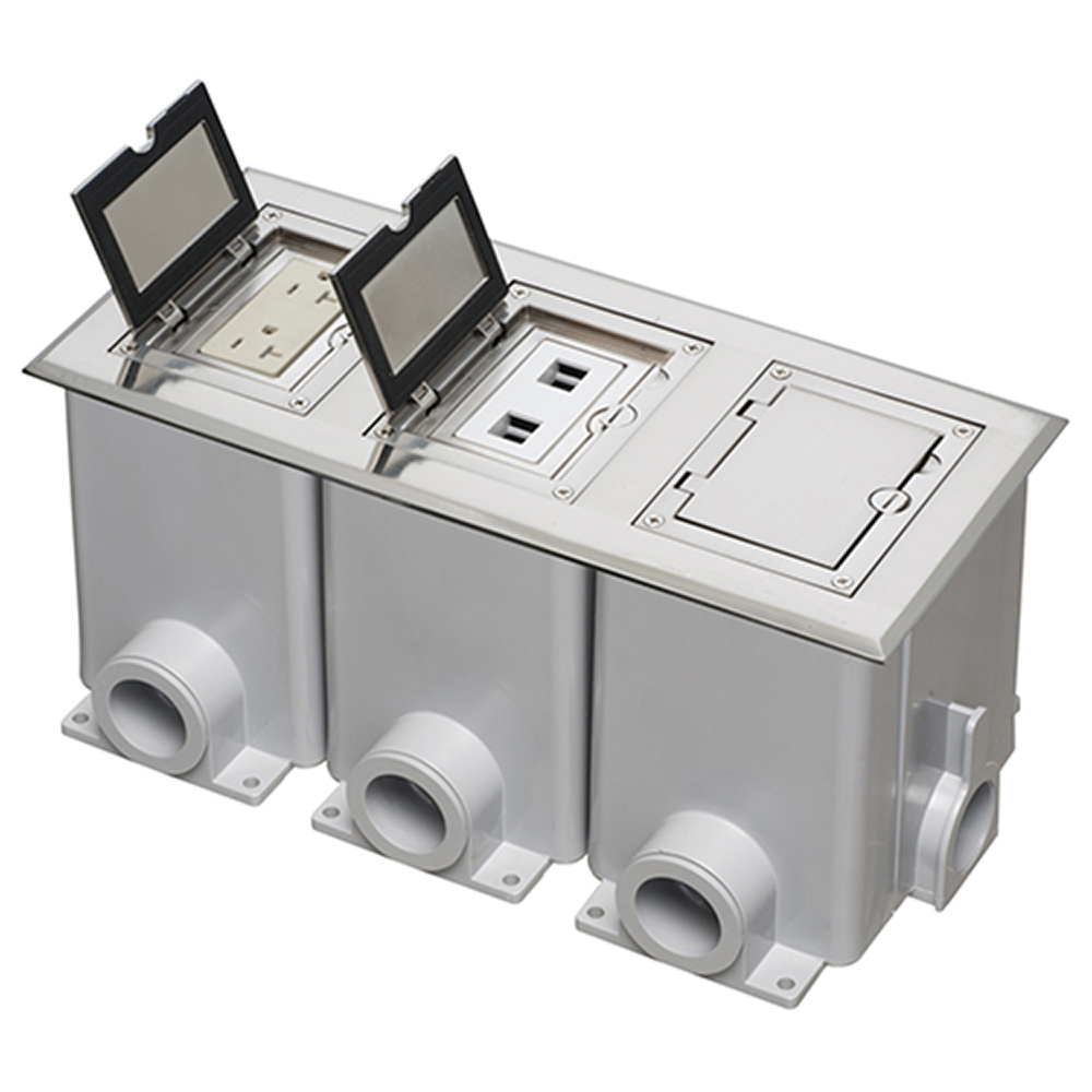 Nickel three gang frame kit with Flip lid cover. Includes (3) 20A decorator style receptacle, (3) gasket, low voltage insert and installation screws. Flip lid cover can be opened in any direction.