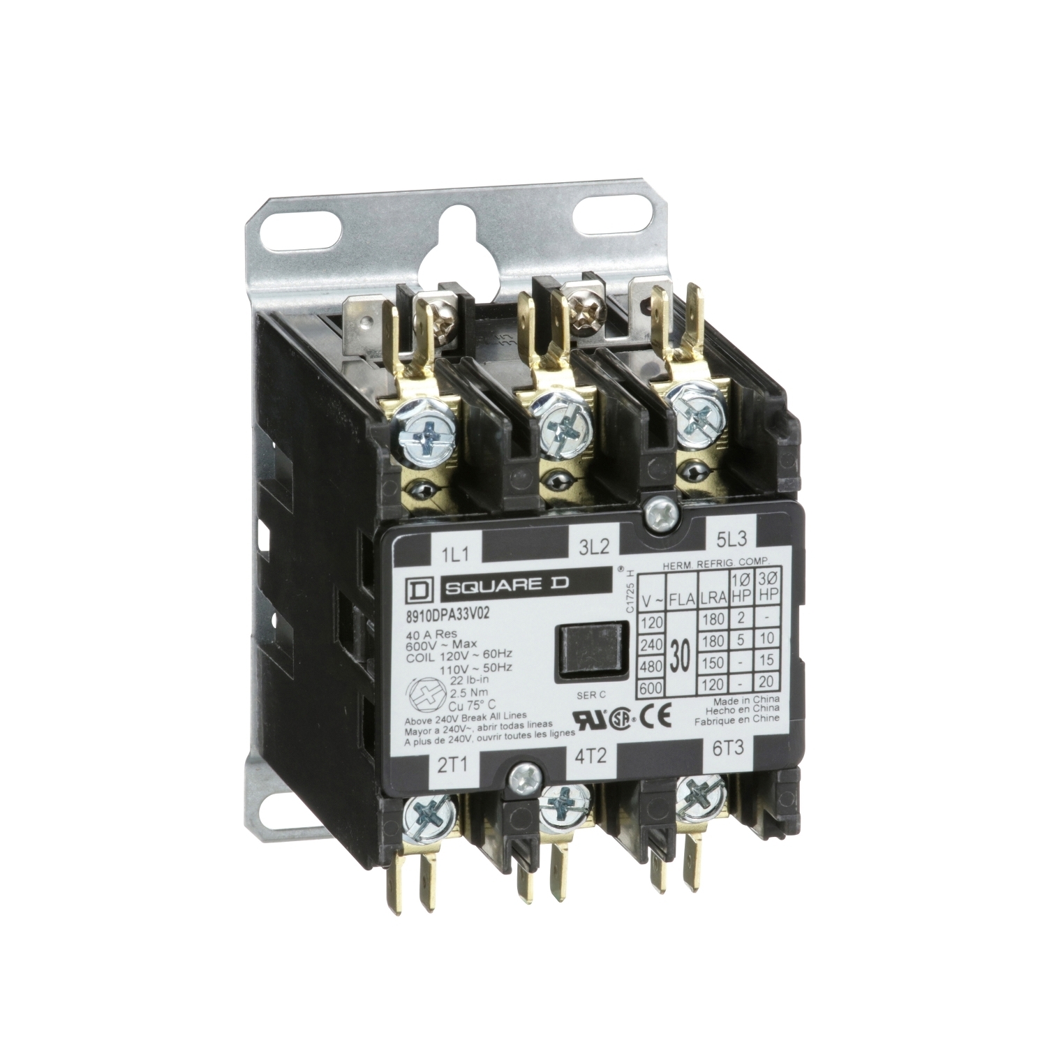 Contactor, Definite Purpose, 30A, 3 pole, 20 HP at 575 VAC, 3 phase, 110/120 VAC 50/60 Hz coil, pressure wire connector