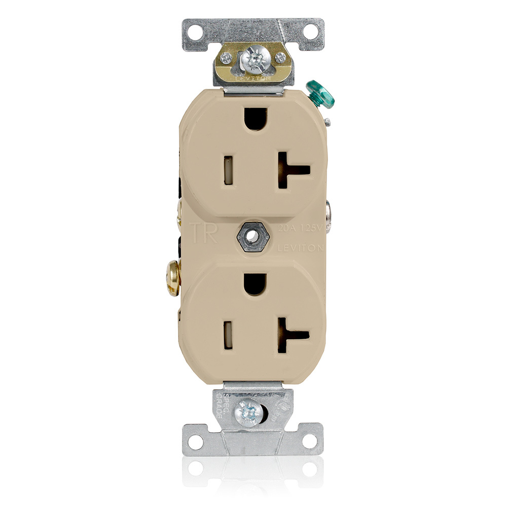 20 Amp, 125 Volt, NEMA 5-20R, 2P, 3W, Tamper Resistant, Narrow Body Duplex Receptacle, Straight Blade, Commercial Grade, Self Grounding, , Back & Side Wired, Steel Strap - IVORY