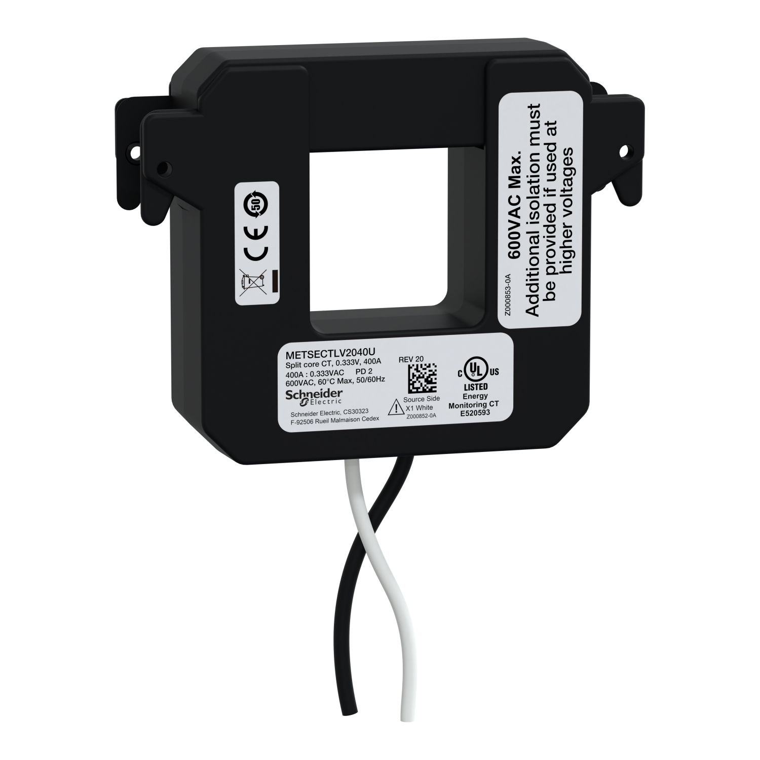 split core current transformer, PowerLogic UL2808 CT, 400A, 0.333V output, 8ft lead
