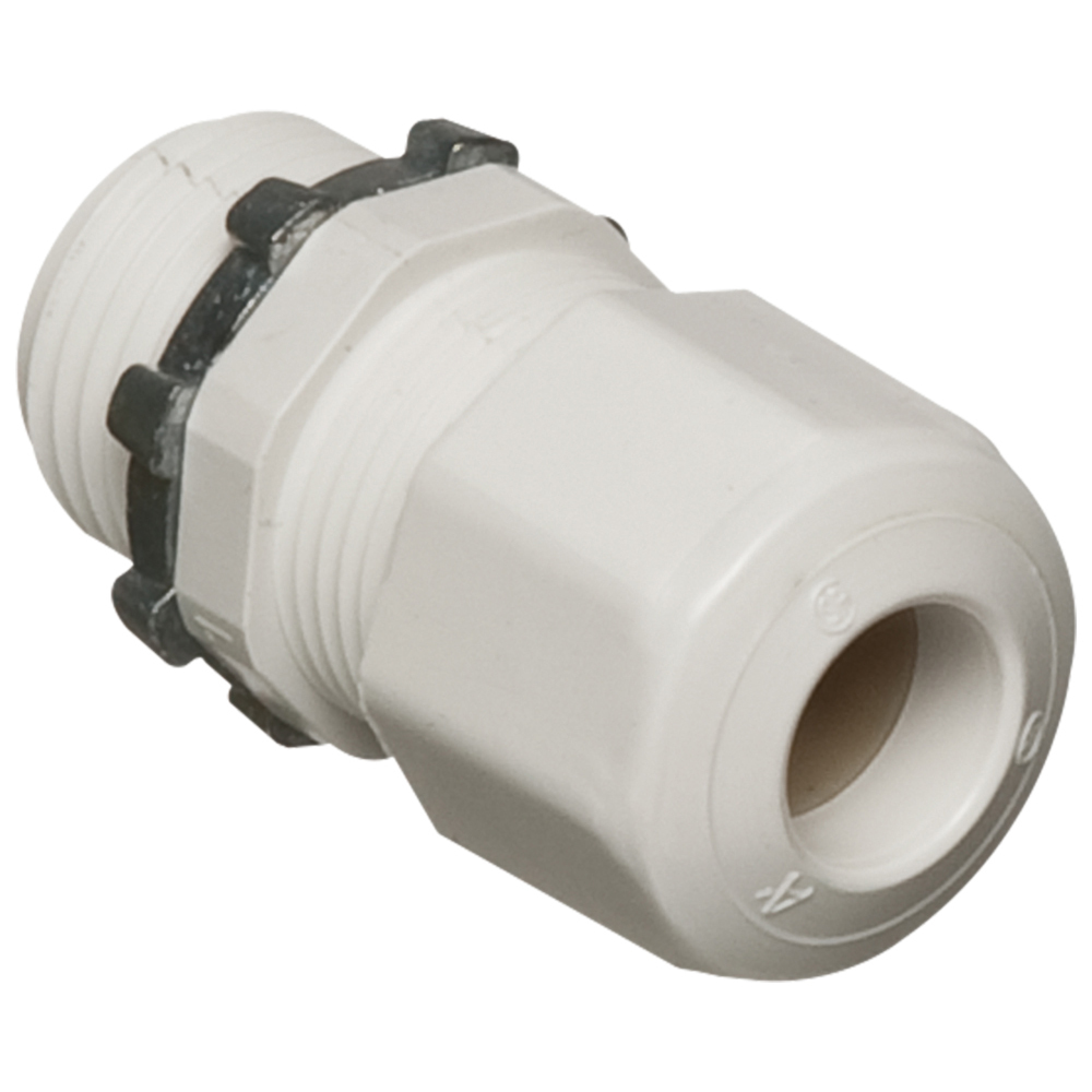 Low-profile non-metallic, liquid-tight, oil-tight, and gray strain relief cord connector furnished with a sealing ring and locknut. Supports .385 to .750 cord range with a 1/2 inch trade size. Color White.