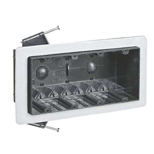 Four-Gang Vapor-Tight Box, Volume 60 Cubic Inches, Length 3-1/2 Inches, Width 7-1/2 Inches, Depth 2-3/4 Inches, Color Black, Material Polycarbonate, Mounting Means Angled Side Nails