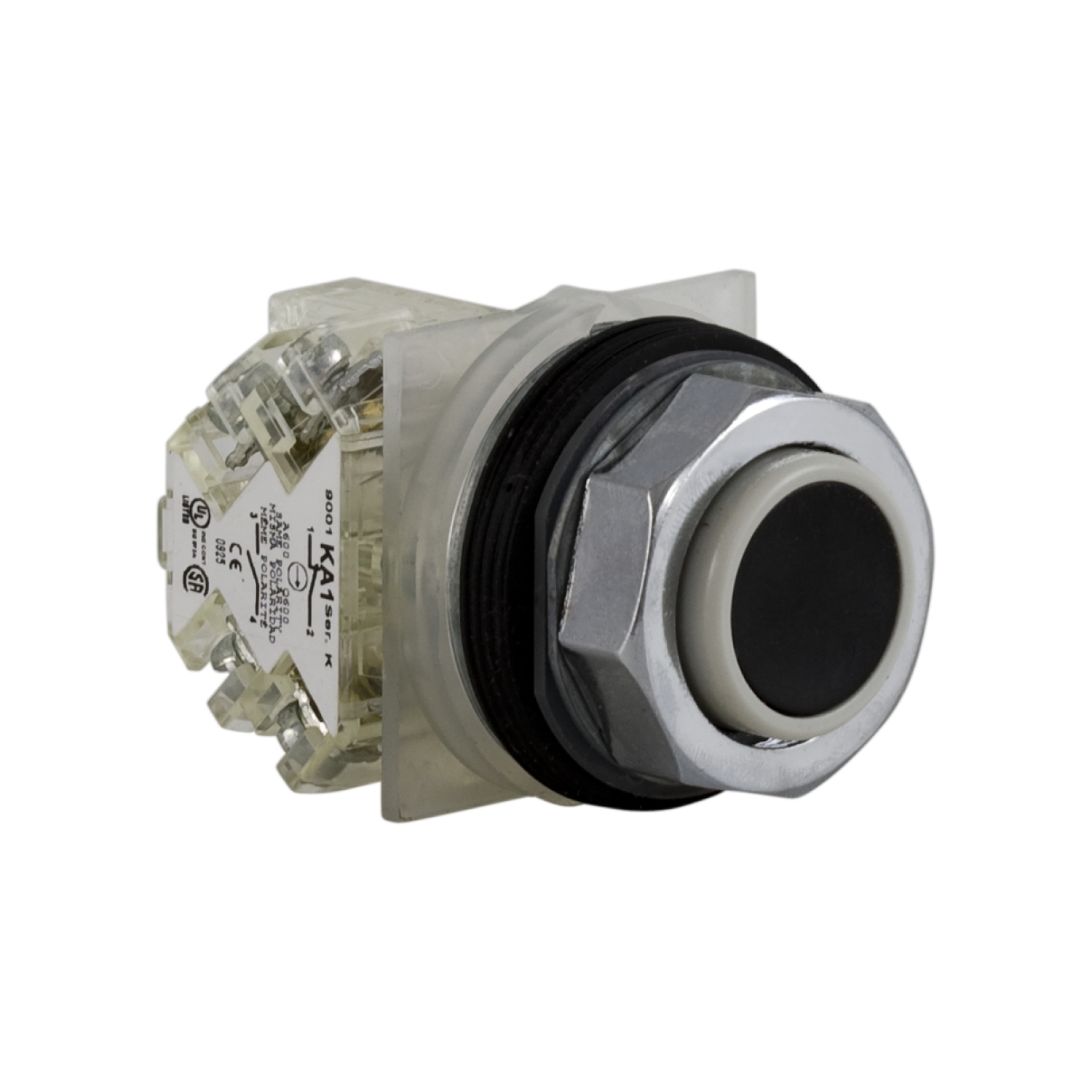 Push-button, Harmony 9001K, metal, projecting, black, 30mm, spring return, 1 C/O