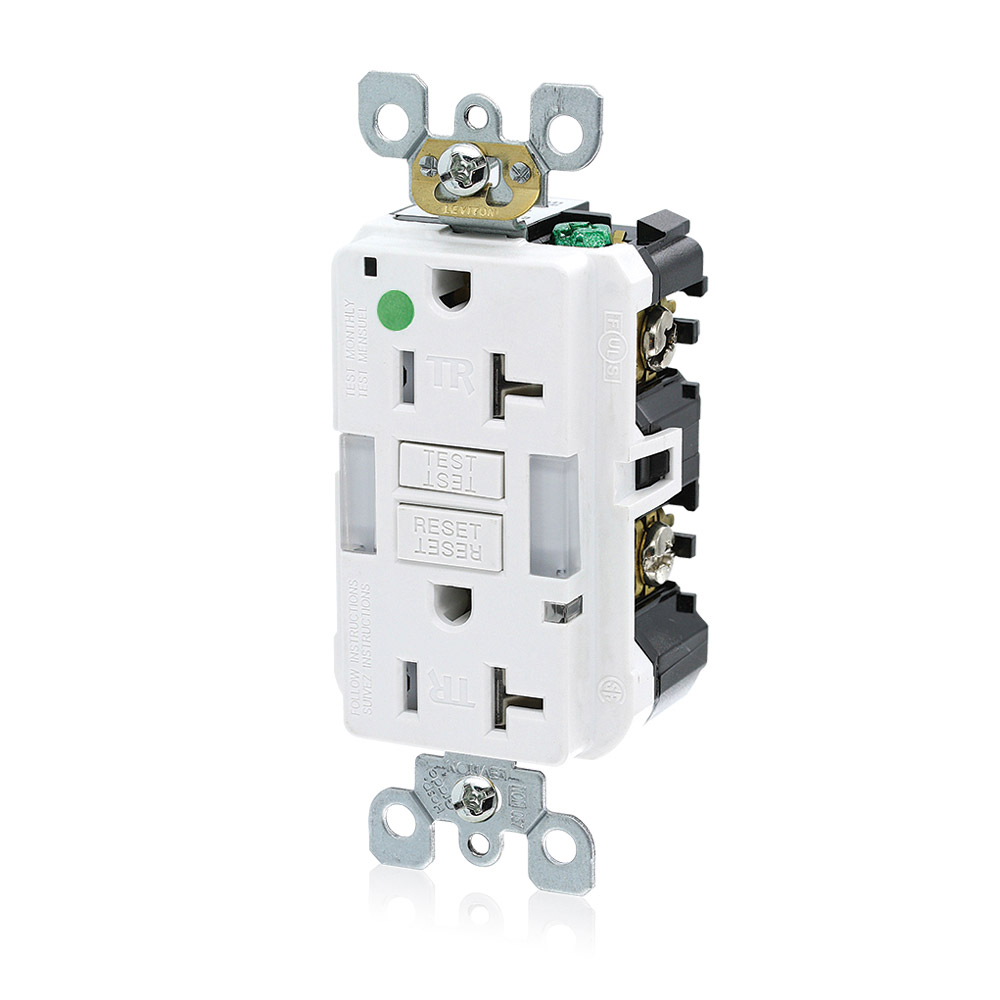 20 Amp, 125 Volt SmartlockPro Slim Guidelight Self-Test GFCI Receptacle, Hospital Grade, 20 Amp Feed-Through, Tamper-Resistant, Back & Side Wired, Wallplate Sold Separately - WHITE