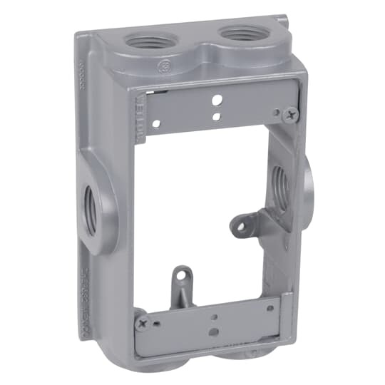 Single Gang Flanged Extension Adapter, 1-7/8 Inches Deep, Hub Size 3/4 Inch, 6 Outlets, 2 on Top and Bottom, 1 on Each Side, with 4 Plug, Gasket, and Screws
