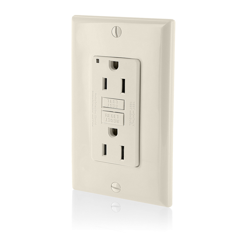 15 Amp, 125 Volt Receptacle/Outlet, 20 Amp Feed-Through, Self-test SmartLock Pro Slim GFCI, monochromatic, back and side wired, nylon wallplate/faceplate and self grounding clip included - LIGHT ALMOND