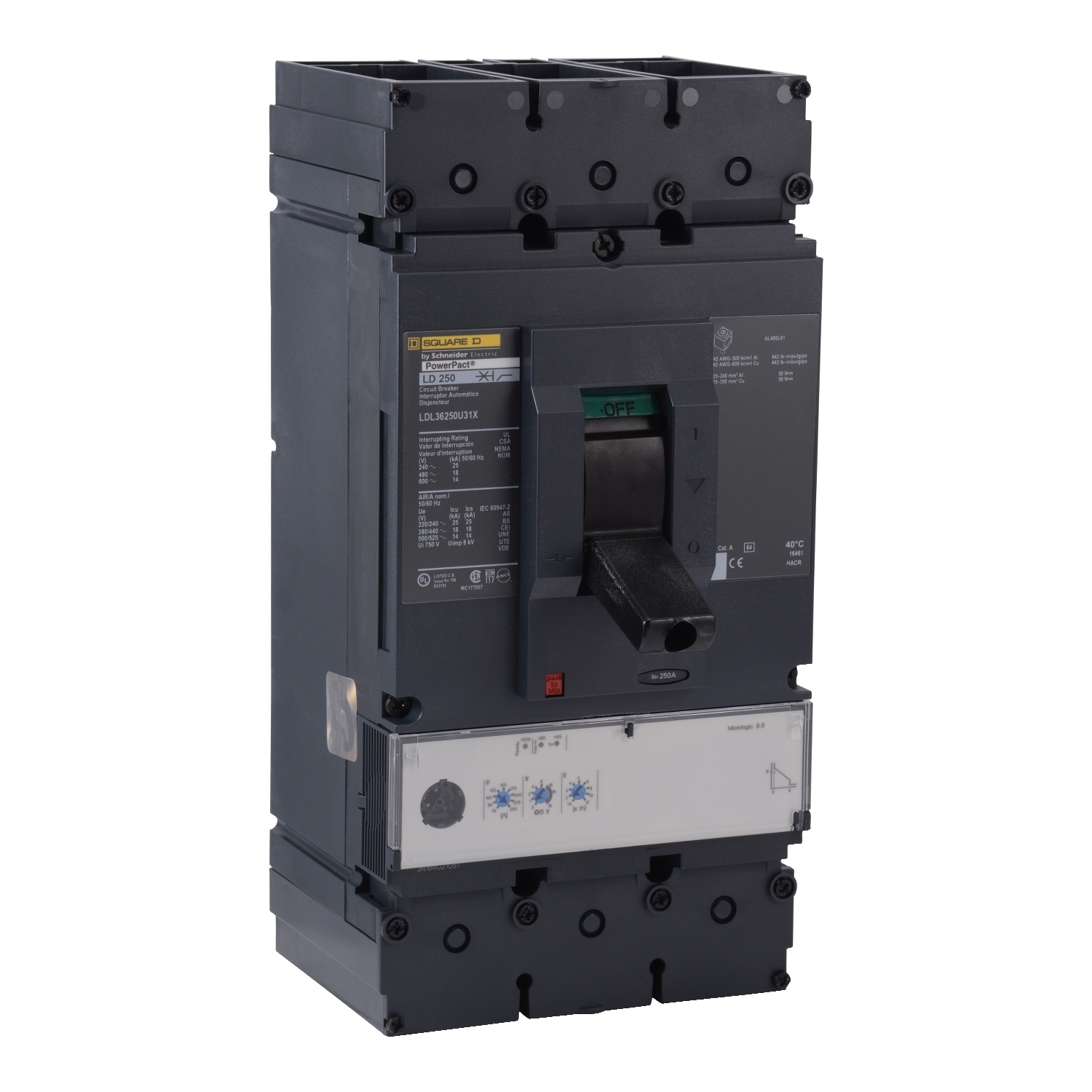 Circuit breaker, PowerPacT L, 250A, 3 pole, 600VAC, 14kA, lugs, MicroLogic 3.3, 80%