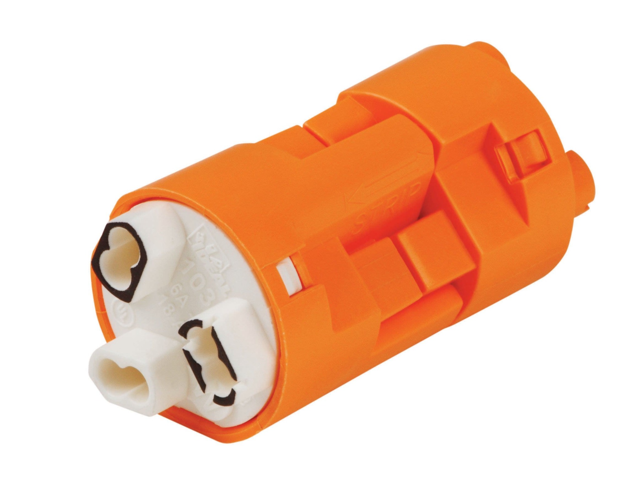 IDEAL, Luminaire Disconnect, PowerPlug, 3-Wire Standard Version, Wire Size: 12 - 18 AWG Solid, 12 - 14 AWG Stranded, 12 - 14, 16, 18 AWG Stranded Tin-Bonded, Amperage Rating: 6 AMP, Voltage Rating: 600 V, Material: Nylon Housing, Copper Alloy Contacts, Color: Orange, Model: 103