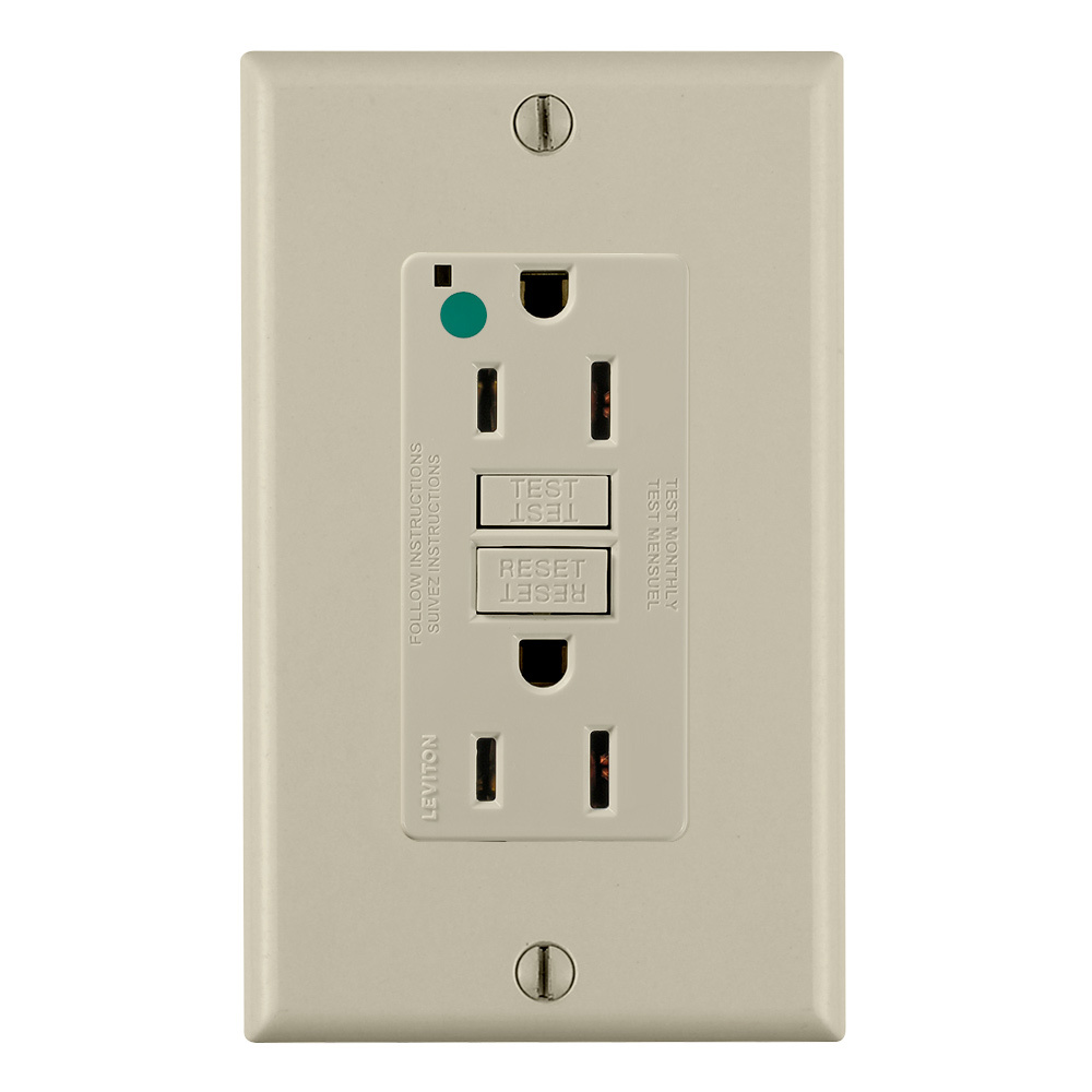 15 Amp, 125 Volt, SmartlockPro Slim Self-Test GFCI Receptacle, Extra-Heavy Duty Hospital Grade, NEMA 5-15R, 20A Feed-Through, 2P, 3W, Matching Wallplate Included - IVORY