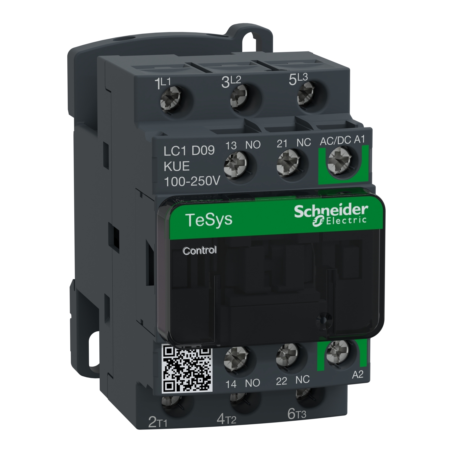 IEC contactor, TeSys Deca, nonreversing, 9A, 5HP at 480VAC, up to 100kA SCCR, 3 phase, 3 NO, 100/250VAC/VDC coil, open
