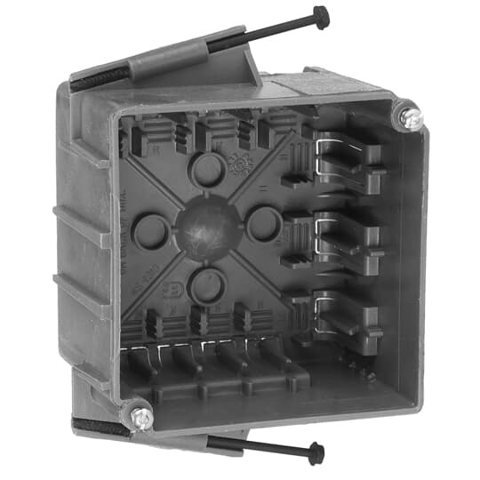 Square New Work Outlet Box, Volume 18 Cubic Inches, Length 4 Inches, Width 4 Inches, Depth 1-7/16 Inch, Color Blue, Material Thermoplastic, Mounting Means Angled Side Nails