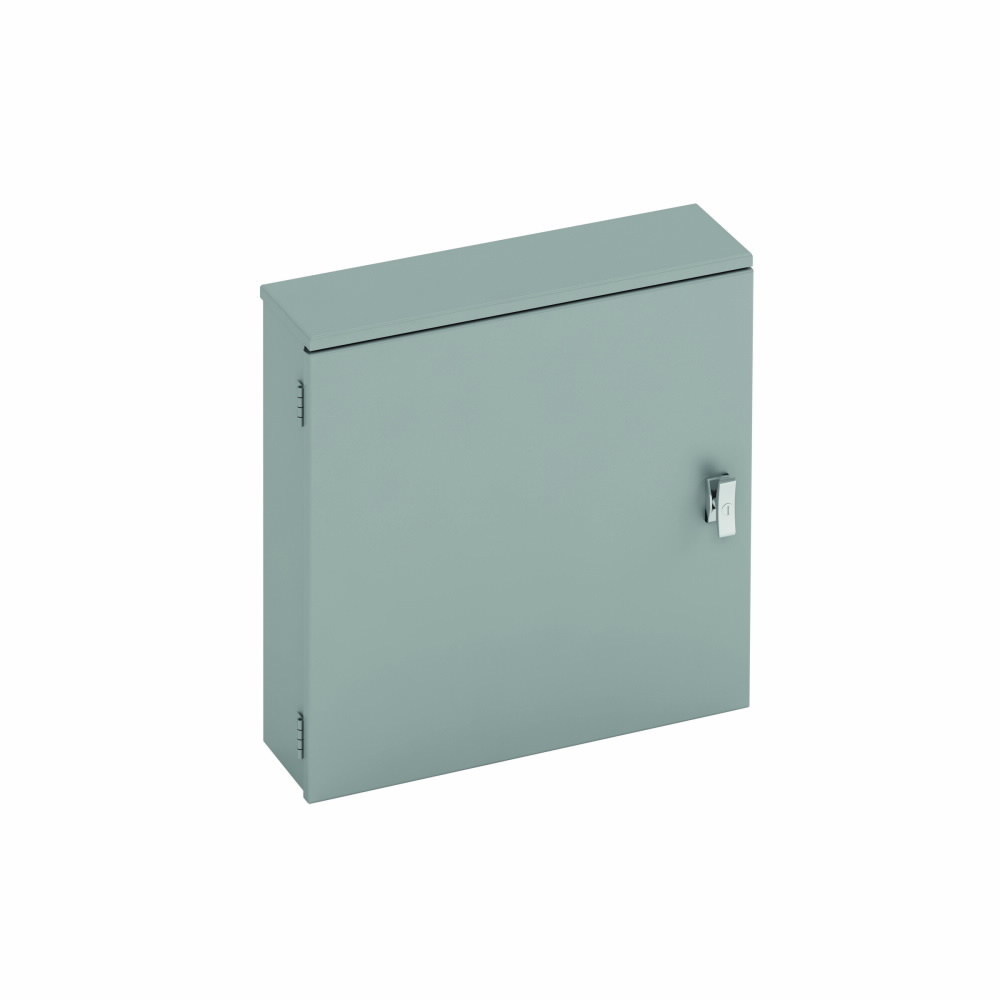 Eaton B-Line series utility enclosures, 36" height, 6" length, 24" width, NEMA 3R, Hinged cover, RTC cabinet, Surface mounted, Medium single door, 9 bottom knockouts, Embossed thru holes, Carbon steel
