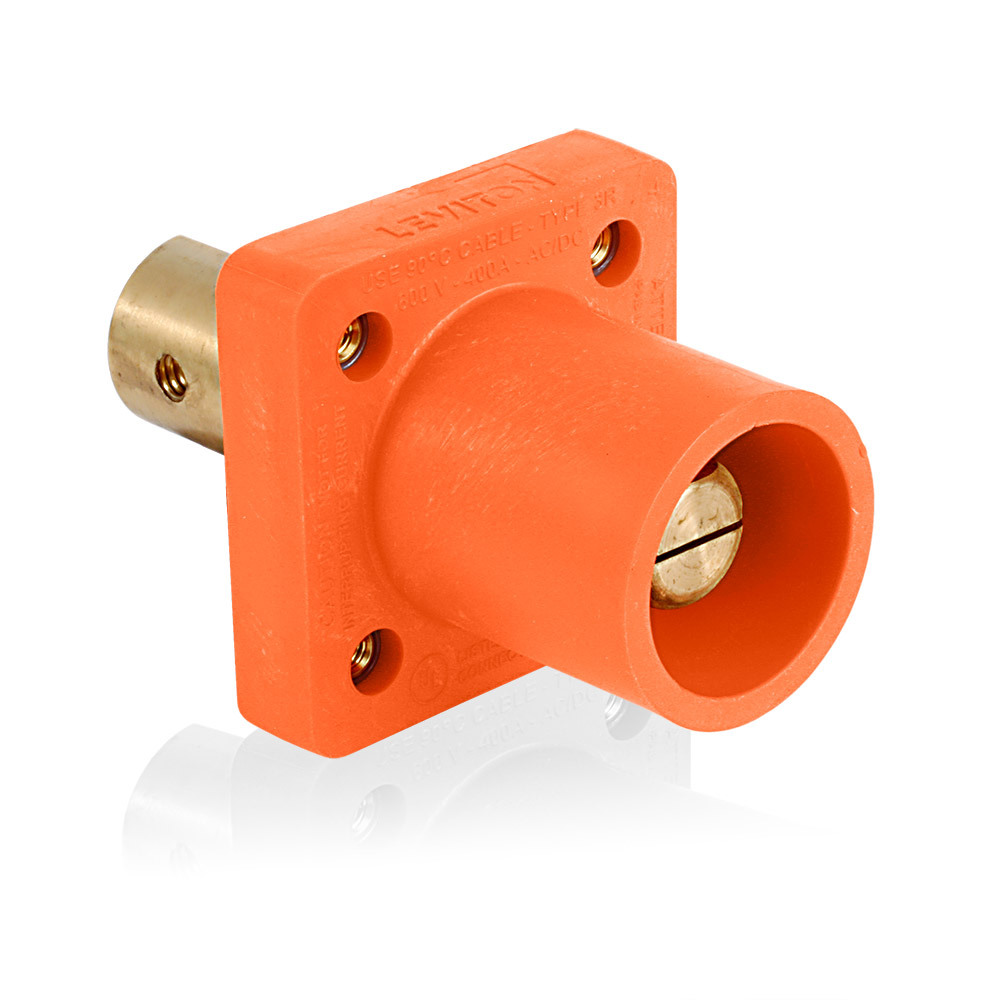 16 Series Single Pole Cam Type Male Panel Mount Receptacle, 90-Degree, Half Round w/ Tapped Hole, Cable Size #2 - 4/0, Max Amp 400A - Orange