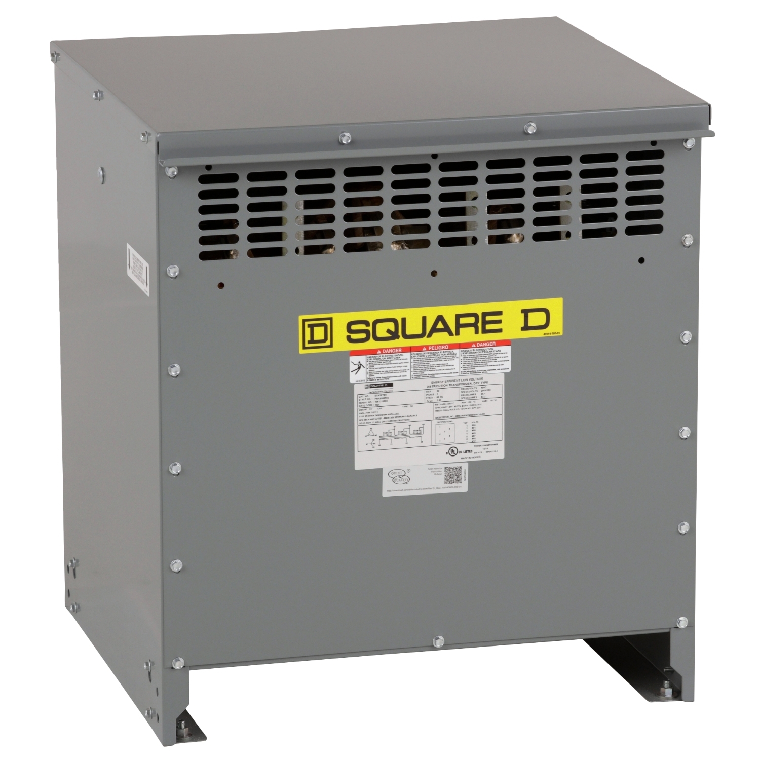 Transformer, dry type, DOE 2016, 30kVA, 3 phase, 480V delta primary, 208Y/120V secondary, 18M, 80C rise, Cu