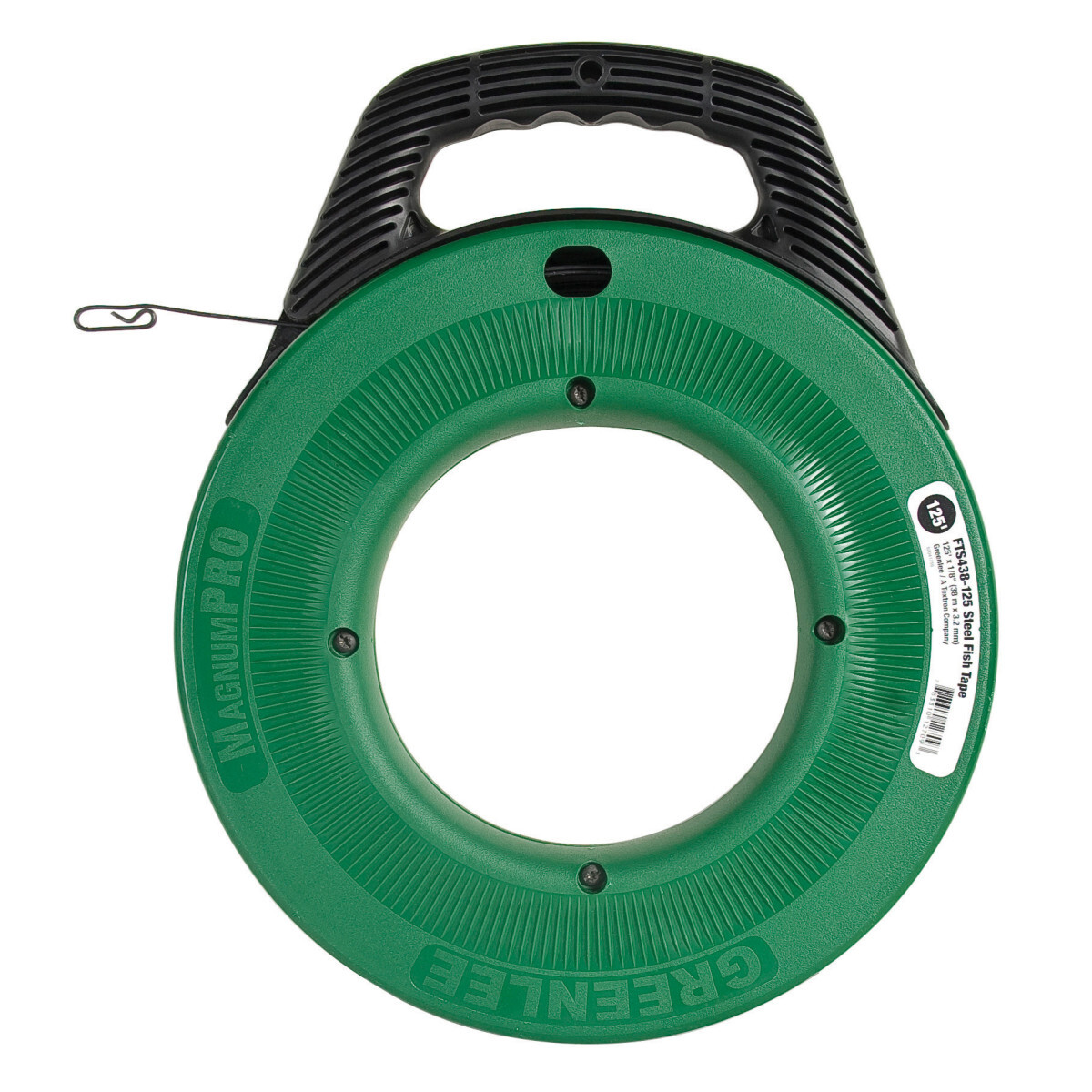 MagnumPRO Oil-Tempered Spring Steel Replacement Fish Tape 125'  x 1/8" (38.1m x 3.2mm) with Case (3 Pack).  Rugged case design improves drop impact capability.  Oil-tempered spring steel for excellent fishing performance.  Advanced comfort handle grip reduces fatigue.  Superior rapid tape pay-out and rewind.   Improved low profile tip for easy fishing through all sizes of conduit.  Viewing port gives visibility to remaining tape and ability to remove job site debris quickly.