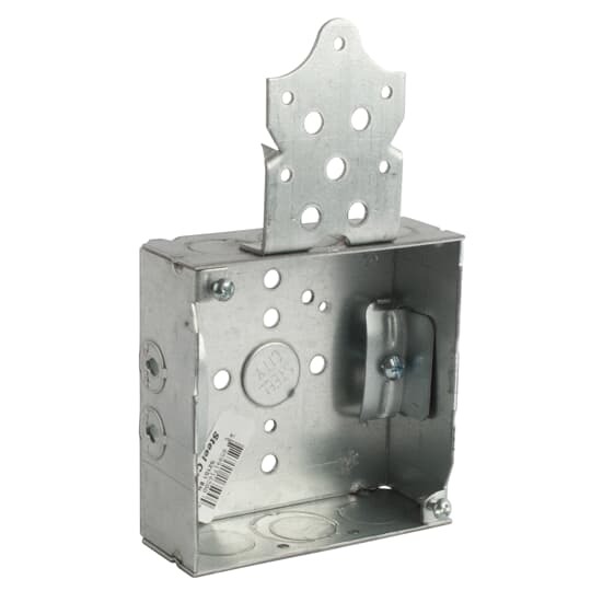 Square Box, 21 Cubic Inches, 4 Inch Square x 1-1/2 Inch Deep, 1/2 Inch Knockouts, Pre-Galvanized Steel, with Non-Metallic Cable Clamp (C-5) and B Bracket, For use with Non-Metallic Sheathed Cable