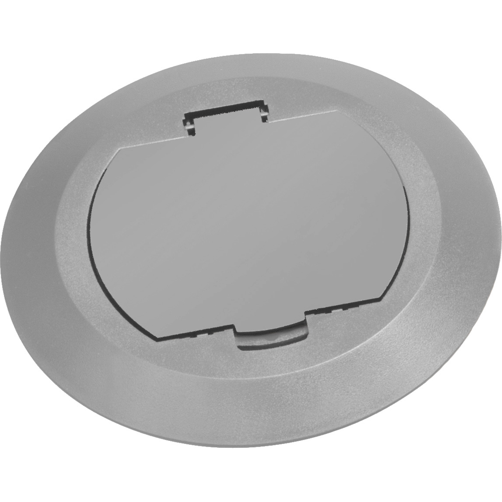 Round Plastic cover kits with one flip lid. Includes round plastic gasketed cover, mounting plate and leveling ring. Gray.