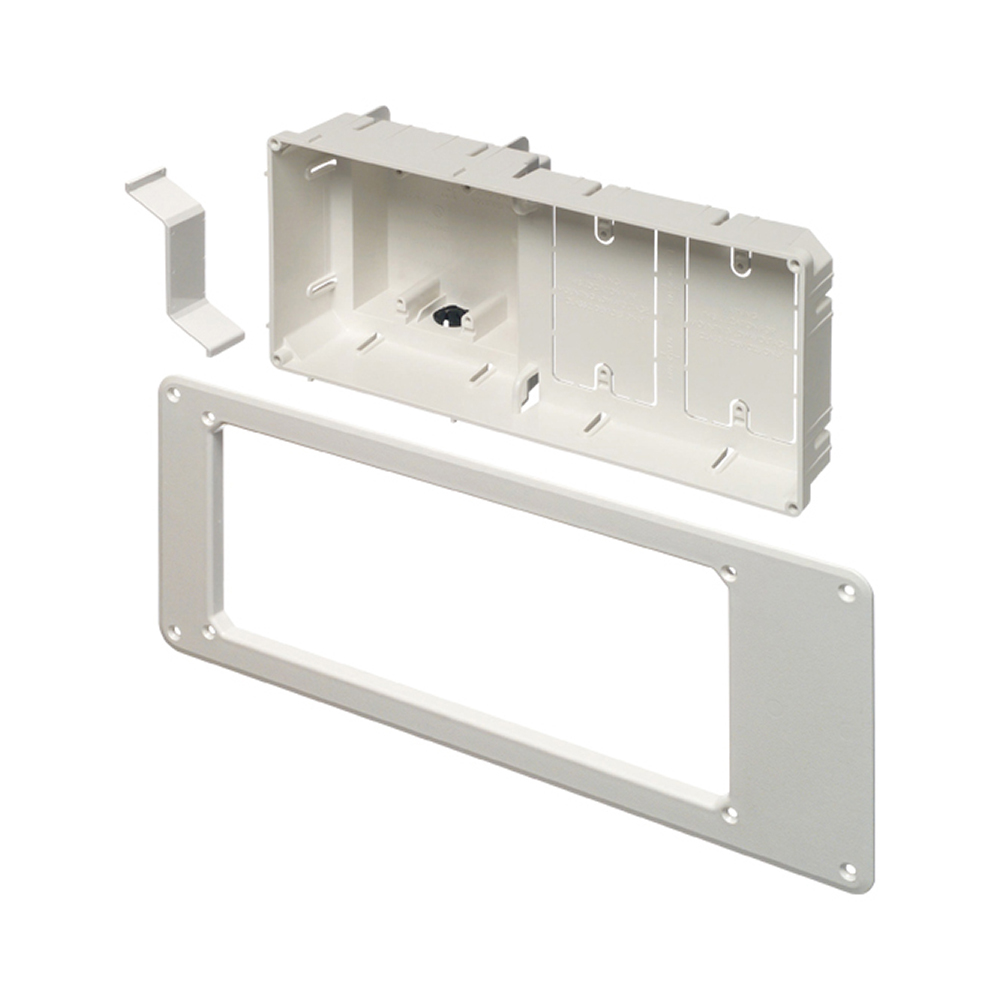 Non Metallic TV BOX for power and low voltage. Recessed so plugs do not protrude from wall. For new construction and retrofit. Comes with low voltage divider in power box. 4 Gang.