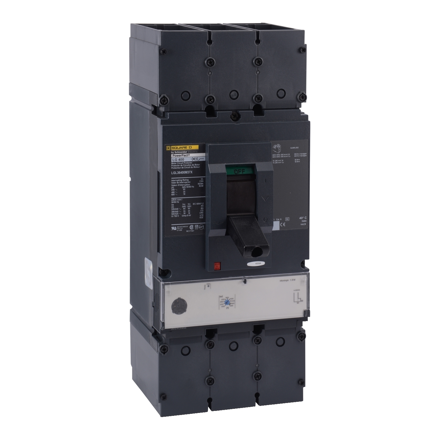 Motor circuit protector, PowerPacT L, 400A, 3 pole, 600VAC, 50kA, lugs, MicroLogic 1.3M, 80%