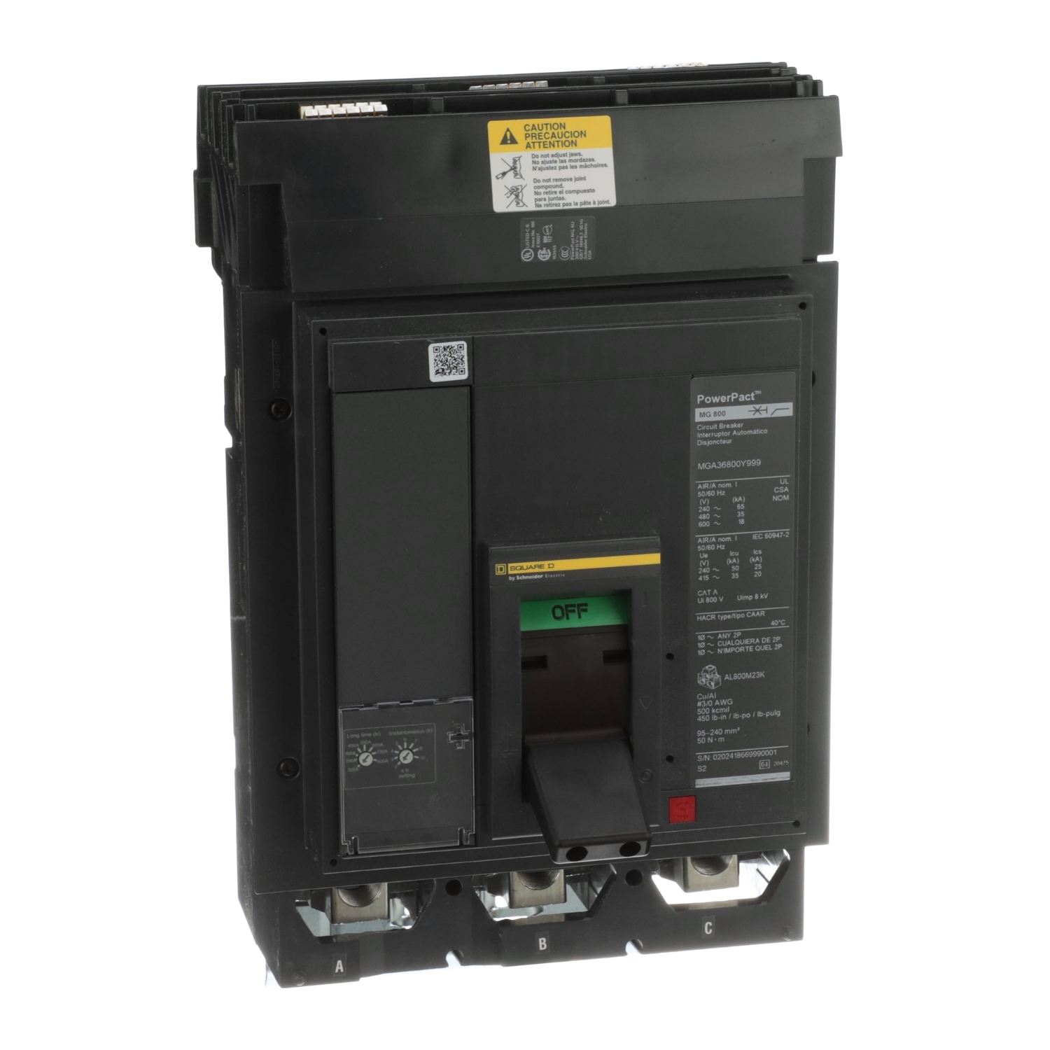 Circuit breaker, PowerPacT M, 300A to 800A, 3 pole, 600VAC, 18kA, I-Line, adjustable trip, 80%, ABC