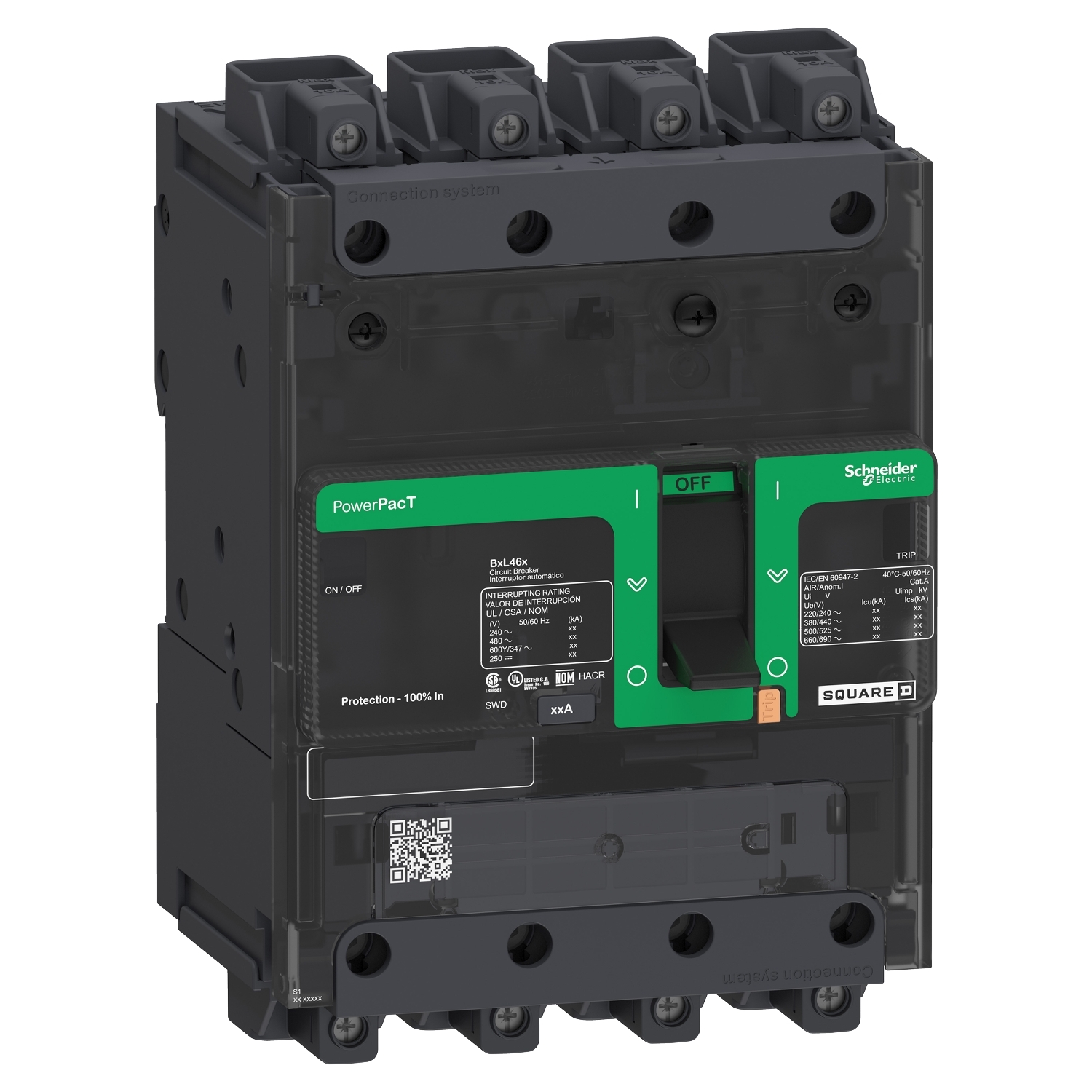 Circuit breaker, PowerPacT B, 30A, 4 pole, 600Y/347VAC, 14kA, lugs, thermal magnetic, 80%