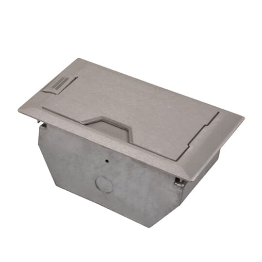Two Compartment Raised Access Floor Module, 75 Cubic Inches, Floor Cut Out Length 7-1/8 Inches, Width 4-1/8 Inches, Cover Size Length 6-3/4 Inches, Width 3-7/8 Inches, Depth 4 Inches, Galvanized Steel with Aluminum Cover