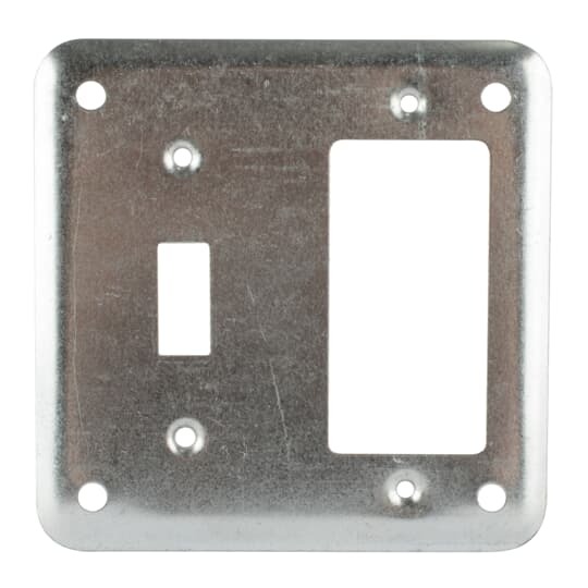Square Box Surface Cover, 4 Inch Square, 1/8 Inch Raised, Galvanized Steel, For One GFI Receptacle and One Toggle Switch in Center