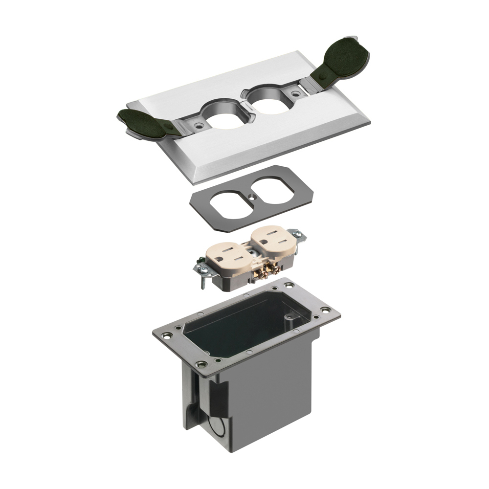 Non Metallic Box with metal covers for existing floors. Rectangular gasketed, metallic nickel cover with flip lids.