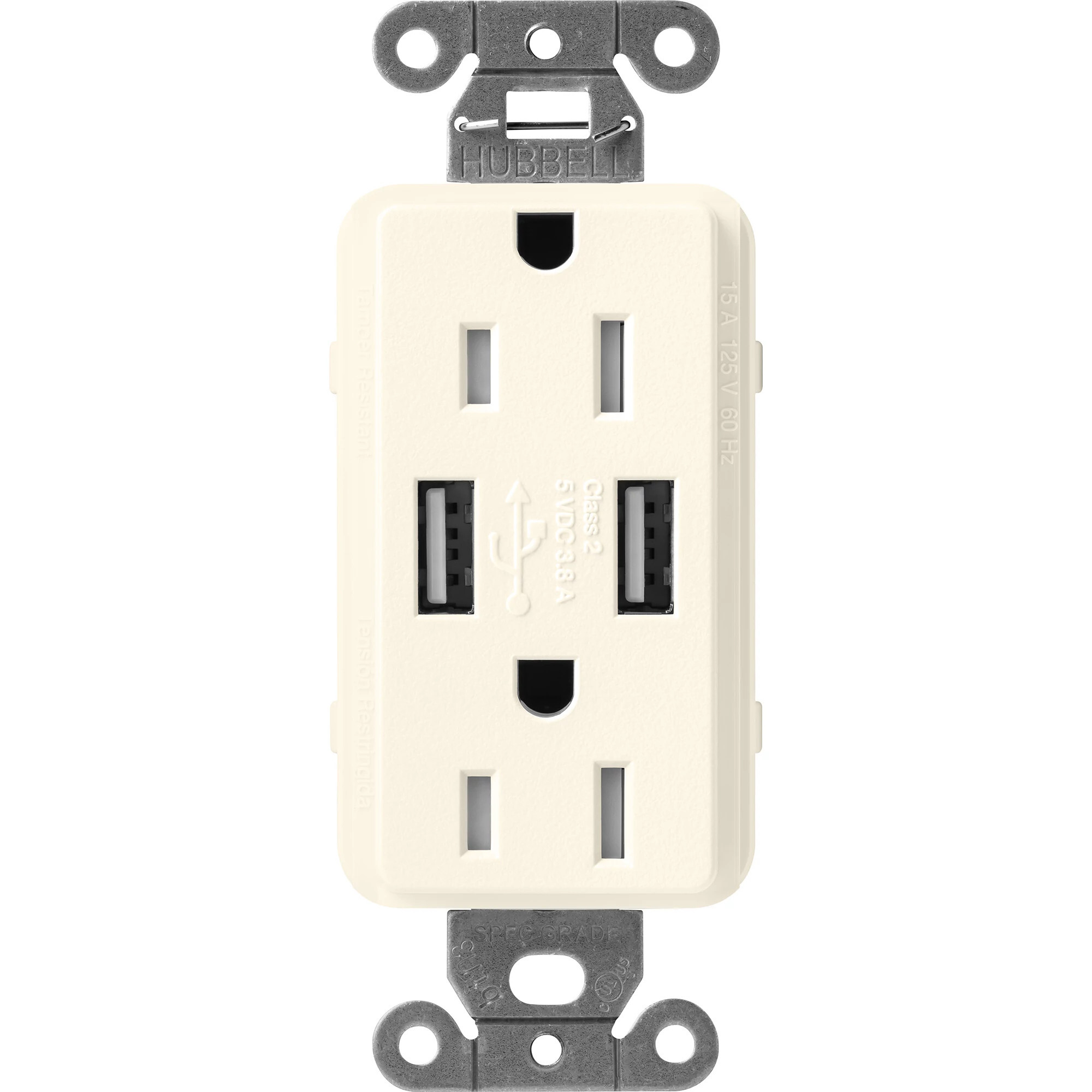 Lutron Claro USB Type A 2.0 Duplex Receptacle, 15 Amp, Biscuit