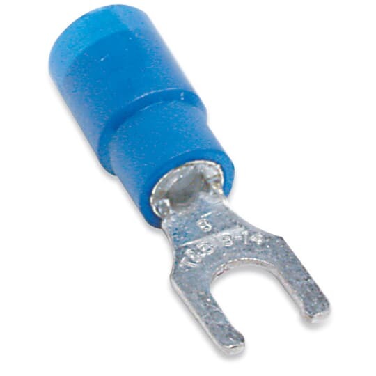 Expanded Vinyl-Insulated Locking Fork Terminal, Length .97 Inches, Width .31 Inches, Maximum Insulation .200, Bolt Hole #8, Wire Range #18-#14 AWG, Color Blue, Copper, Tin Plated