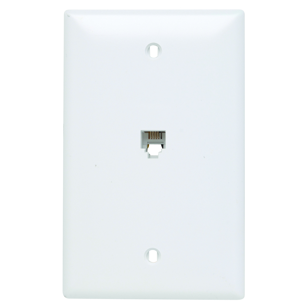 Single gang opening modular four conductor telephone jack in whitewith wall plate meets FCC Part 68 requirements. It is a mar-resistant wall plate and fits in any standard size single gang electrical box.