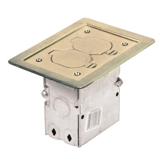 Single Gang Flush Service Residential Floor Box, 18 Cubic Inches, Length 3 Inches, Width 2 Inches, Depth 3-1/2 Inches, 1/2 Inch Knockouts, Galvanized Steel with Nickel Cover, Duplex Receptalce 15A 125V, Tamper Reistant, For Wood, Ceramic Tile, or Carpeted Floor Applications