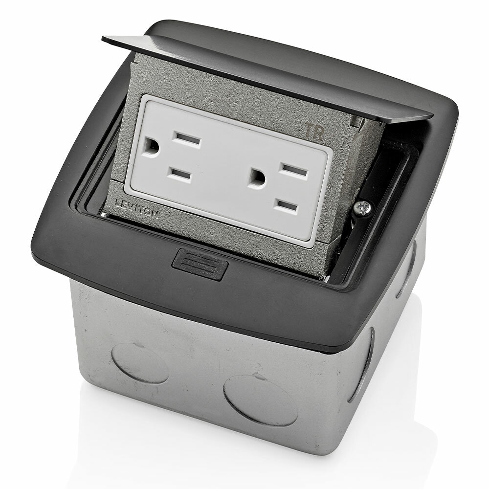 Pop-Up Floor Box with 15 Amp, 125 Volt, NEMA, 5-15R, Pole, 2, 3-Wire, Tamper-Resistant, Decora, Duplex Receptacle Outlet that is pre-wired to terminal block - Black