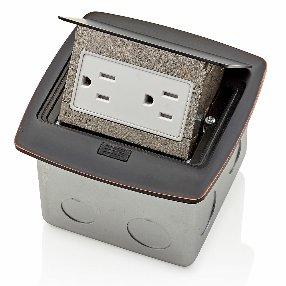 Pop-Up Floor Box with 15 Amp, 125 Volt, NEMA, 5-15R, Pole, 2, 3-Wire, Tamper-Resistant, Decora, Duplex Receptacle Outlet that is pre-wired to terminal block - Bronze