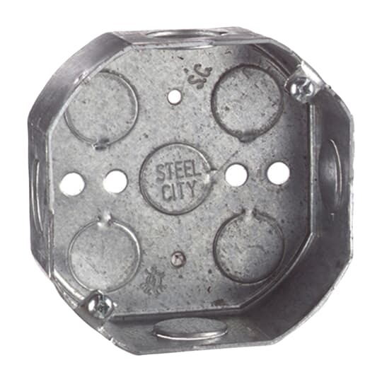 Octagon Box, 15.8 Cubic Inches, 4 Inch Diameter x 1-1/2 Inches Deep, 1/2 Inch and 3/4 Inch Knockouts, Red, Pre-Galvanized Steel, Drawn Construction, For use with Conduit
