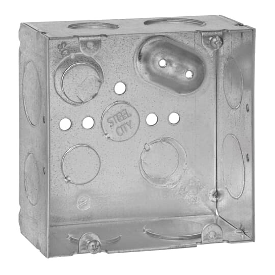 Square Box, 42 Cubic Inches, 4-11/16 Inches Square x 2-1/8 Inches Deep, 3/4 Inch, and 1 Inch Knockouts, Pre-Galvanized Steel, Welded Construction, For use with Conduit