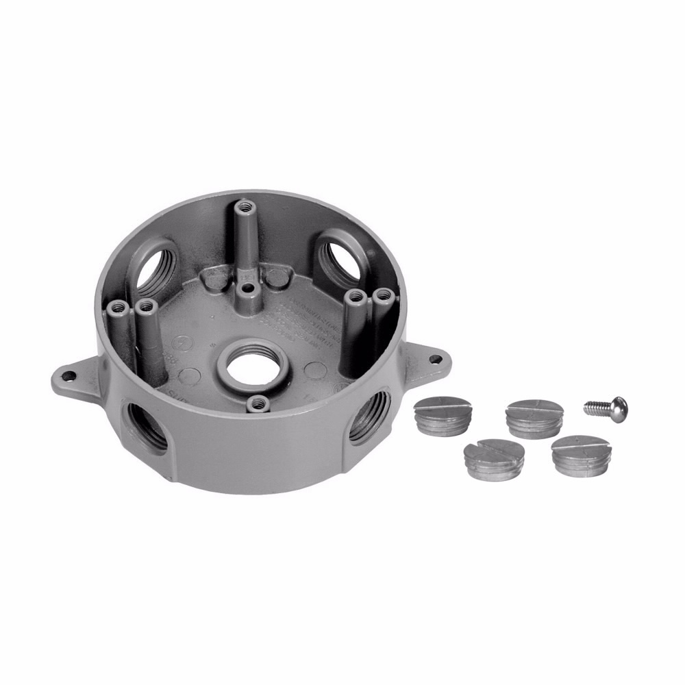 Eaton Crouse-Hinds series weatherproof round outlet box, (1) 1/2" back hole, 15.5 cu in, Gray, 1-1/2" deep, Die cast aluminum, (4) 1/2" side holes, 4" round