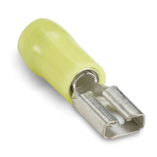 Nylon Insulated Female Disconnect, Length 1.04 Inches, Width .29 Inches, Maximum Insulation .215, Tab Size .250x.032, Wire Range #12-#10, Color Yellow, Copper, Tin Plated, 50 Pack