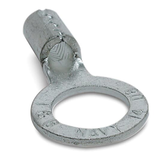 Non-Insulated Large Brazed Seam Ring Terminal, Length 1.32 Inches, Width .59 Inches, Bolt Hole 3/8 Inch, Wire Range #8 AWG, Copper, Tin Plated